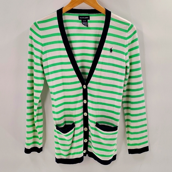 Ralph Lauren Cotton Button Down Cardigan Nautical Size 16 Girls Green Striped - Picture 1 of 9